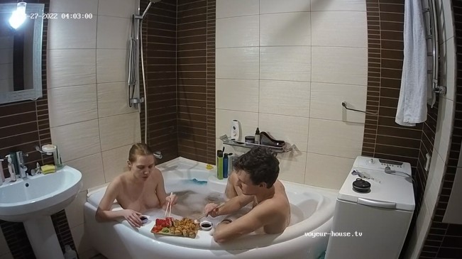 Chuck & Chloe bath with sushi, Feb-27-2022