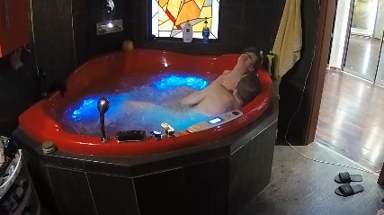 Playful Heather and guest guy in sexy foreplay in jacuzzi, March 23