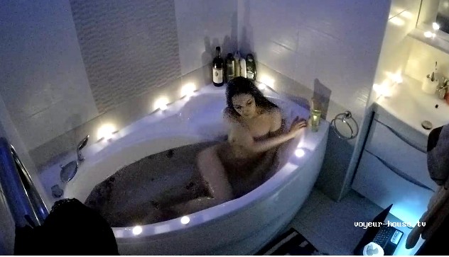 Petite brunette Nadia rides dildo mounted in bathroom after few glasses of wine