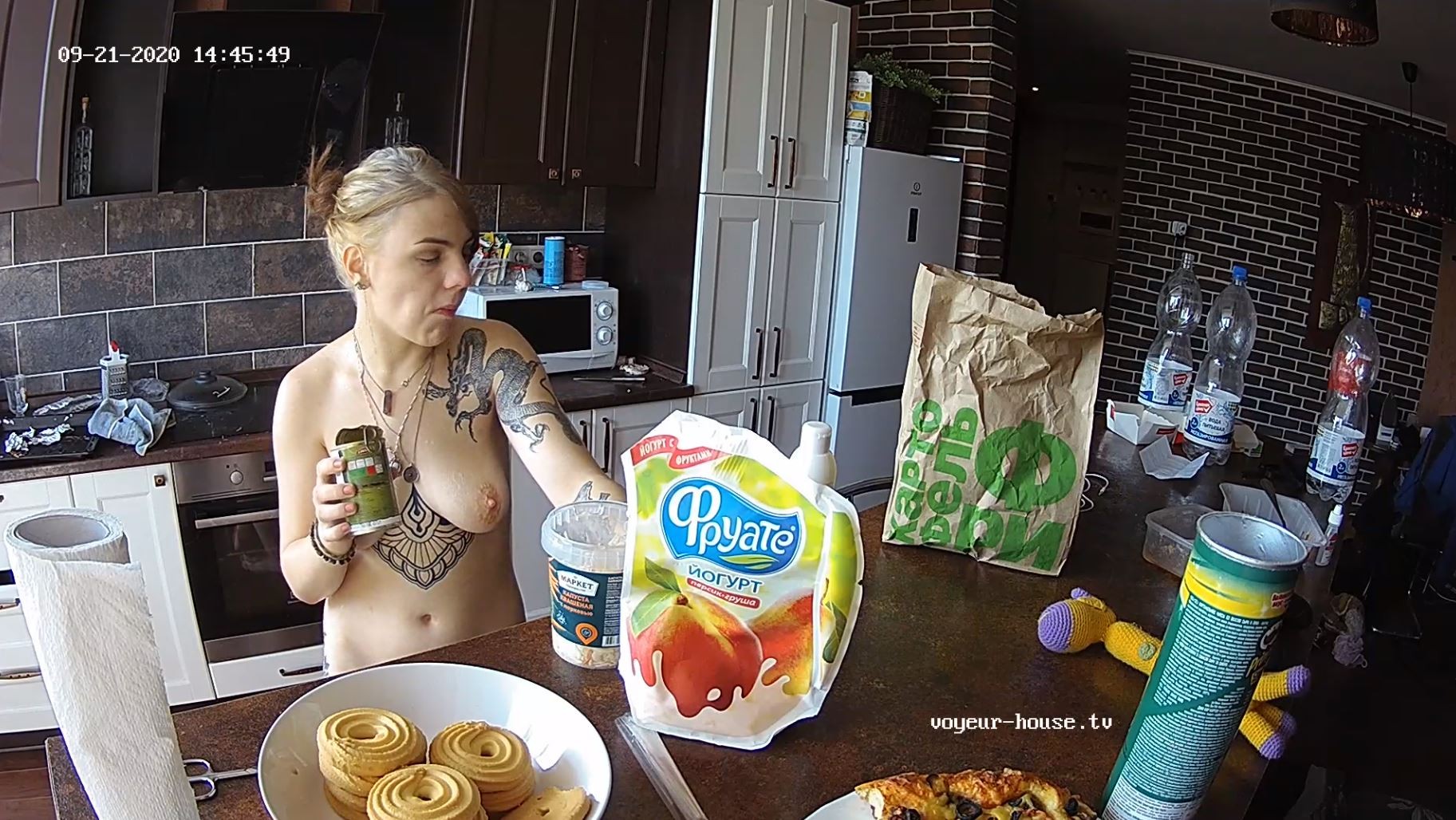 Dina getting naked and eating snack, Sep21/20